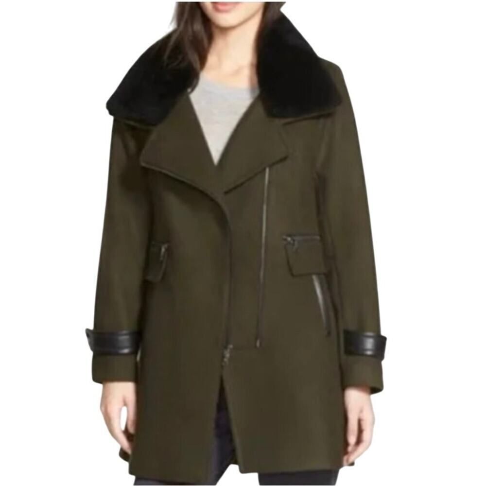 Trina Turk Aubree Wool Winter Coat Dark Olive Detachable Shearling Collar Sz 10